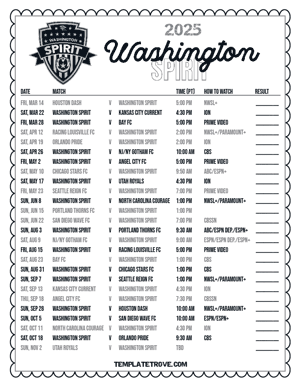 Washington Spirit 2025
 Printable Soccer Schedule - Pacific Times