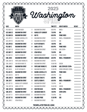 Washington Spirit 2025
 Printable Soccer Schedule