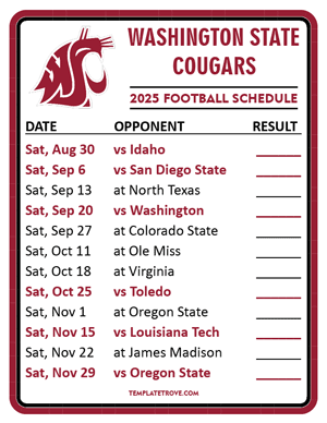 Washington State Cougars Football 2025
 Printable Schedule  - Style 2