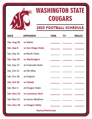 Washington State Cougars Football 2025
 Printable Schedule - Style 3
