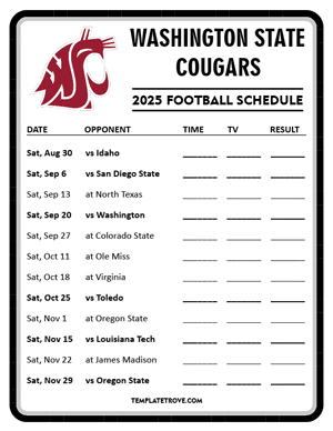 Washington State Cougars Football 2025
 Printable Schedule - Style 4
