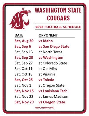 Washington State Cougars Football 2025
 Printable Schedule