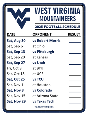 West Virginia Mountaineers Football 2025
 Printable Schedule  - Style 2
