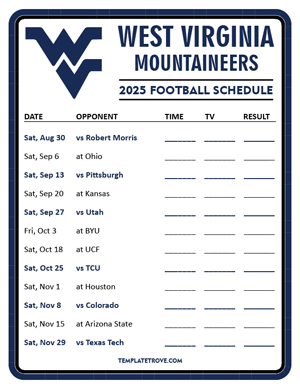 West Virginia Mountaineers Football 2025
 Printable Schedule - Style 3