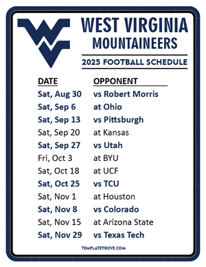 West Virginia Mountaineers Football 2025
 Printable Schedule