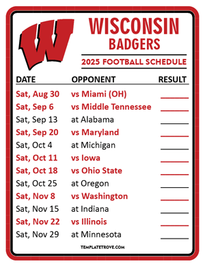 Wisconsin Badgers Football 2025
 Printable Schedule  - Style 2