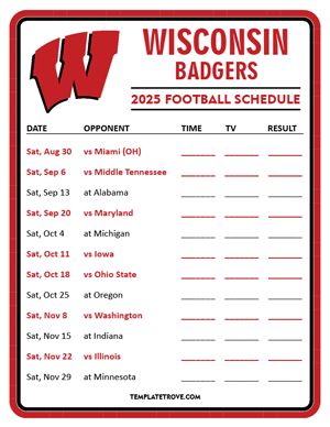 Wisconsin Badgers Football 2025
 Printable Schedule - Style 3