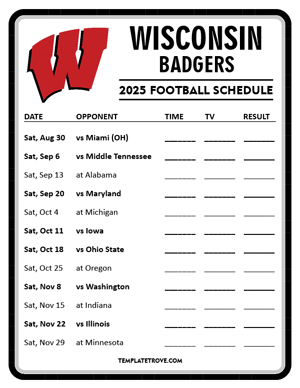 Wisconsin Badgers Football 2025
 Printable Schedule - Style 4