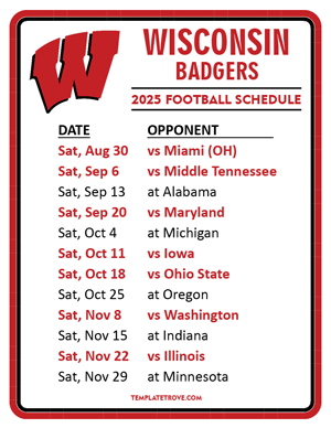 Wisconsin Badgers Football 2025
 Printable Schedule