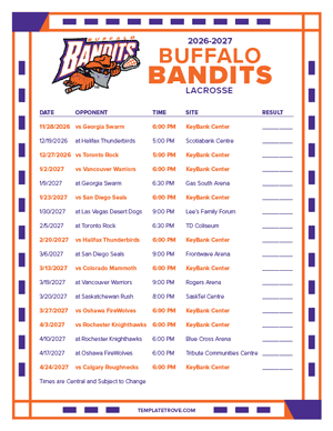 Buffalo Bandits 2026-27 Printable Schedule - Central Times