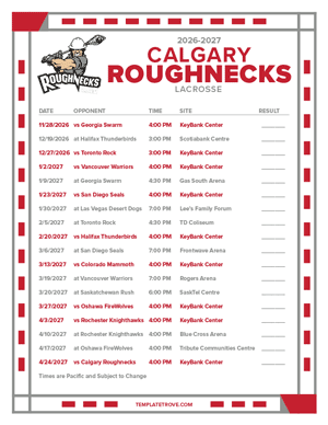 Calgary Roughnecks 2026-27 Printable Schedule - Pacific Times