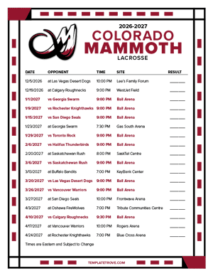 Colorado Mammoth 2026-27 Printable Schedule