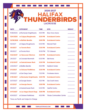 Halifax Thunderbirds 2026-27 Printable Schedule - Pacific Times