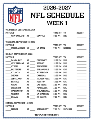 Printable 2026-27 NFL Schedule Week 1 - Central Times