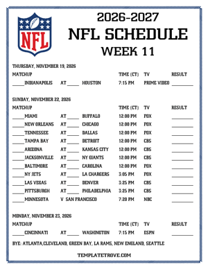 Printable 2026-27 NFL Schedule Week 11 - Central Times