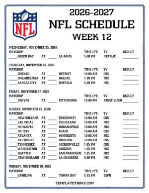 Printable 2026-27 NFL Schedule Week 12 - Pacific Times