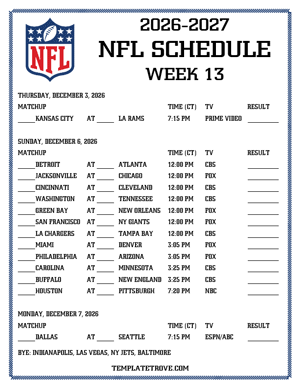 Printable 2026-27 NFL Schedule Week 13 - Central Times