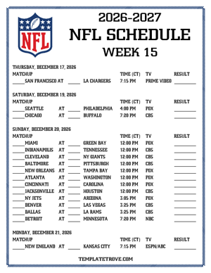 Printable 2026-27 NFL Schedule Week 15 - Central Times