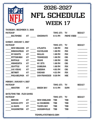 Printable 2026-27 NFL Schedule Week 17
