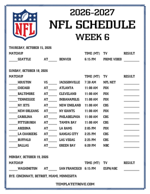 Printable 2026-27 NFL Schedule Week 6 - Mountain Times