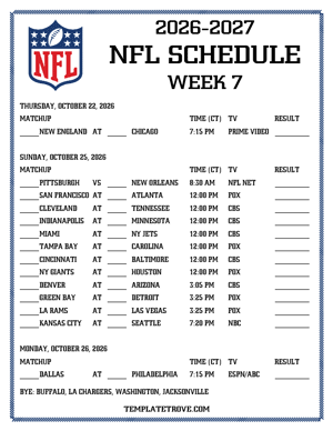 Printable 2026-27 NFL Schedule Week 7 - Central Times