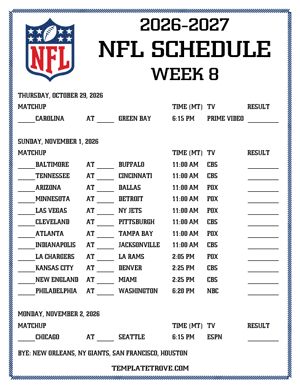 Printable 2026-27 NFL Schedule Week 8 - Mountain Times