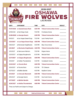 Oshawa Firewolves 2026-27 Printable Schedule - Pacific Times