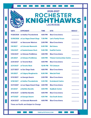 Rochester Knighthawks 2026-27 Printable Schedule - Pacific Times