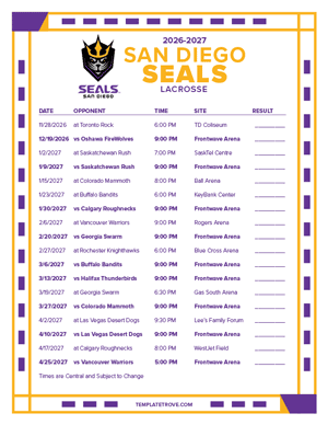 San Diego Seals 2026-27 Printable Schedule - Central Times