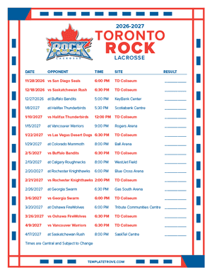 Toronto Rock 2026-27 Printable Schedule - Central Times