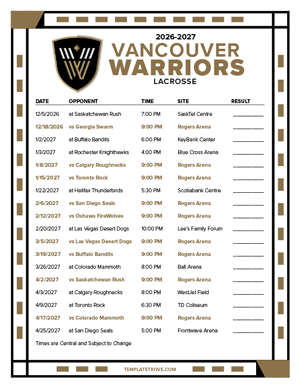 Vancouver Warriors 2026-27 Printable Schedule - Central Times