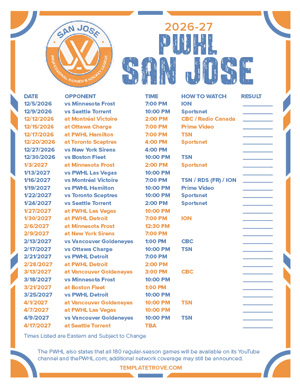 PWHL San Jose 2026-27 Hockey Schedule
