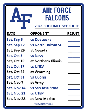 Air Force Falcons Football 2026
 Printable Schedule  - Style 2