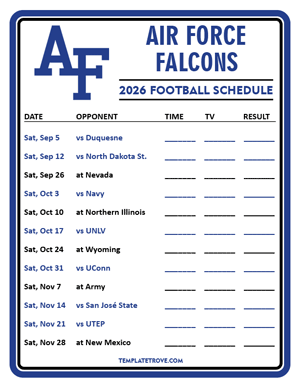 Air Force Falcons Football 2026
 Printable Schedule - Style 3