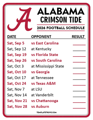 Alabama Crimson Tide Football 2026
 Printable Schedule  - Style 2