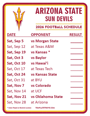 Arizona State Sun Devils Football 2026
 Printable Schedule  - Style 2