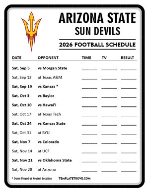 Arizona State Sun Devils Football 2026
 Printable Schedule - Style 4