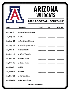 Arizona Wildcats Football 2026
 Printable Schedule - Style 4