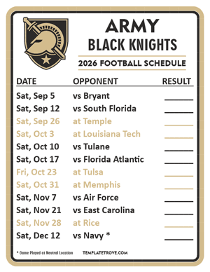 Army Black Knights Football 2026
 Printable Schedule  - Style 2