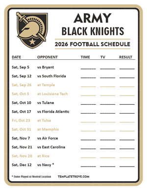 Army Black Knights Football 2026
 Printable Schedule - Style 3