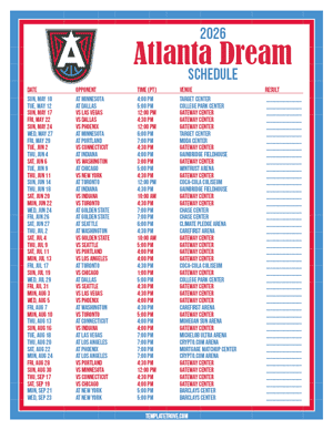 Atlanta Dream 2026
 Printable Basketball Schedule - Pacific Times