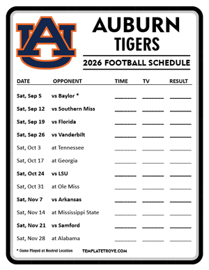Auburn Tigers Football 2026
 Printable Schedule - Style 4