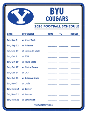 BYU Cougars
 Football 2026
 Printable Schedule - Style 3