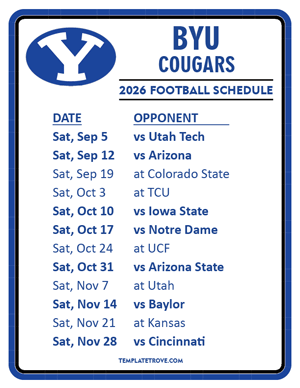 BYU Cougars
 Football 2026
 Printable Schedule