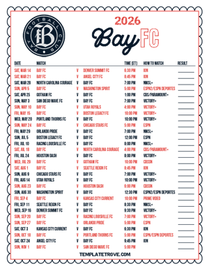 Bay FC 2026
 Printable Soccer Schedule