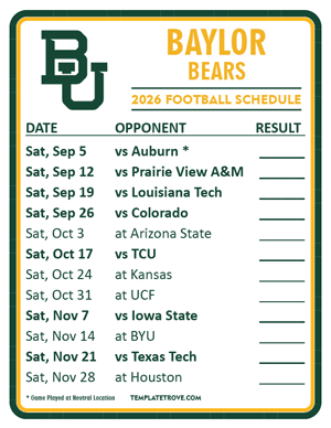 Baylor Bears Football 2026
 Printable Schedule  - Style 2