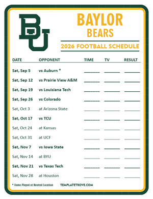 Baylor Bears Football 2026
 Printable Schedule - Style 3