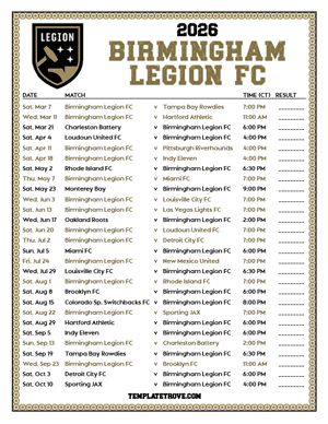 Birmingham Legion FC 2026
 Printable Soccer Schedule - Central Times