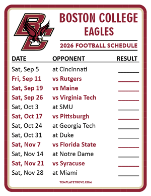 Boston College Eagles Football 2026
 Printable Schedule  - Style 2