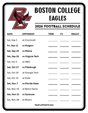 Boston College Eagles Football 2026
 Printable Schedule - Style 4